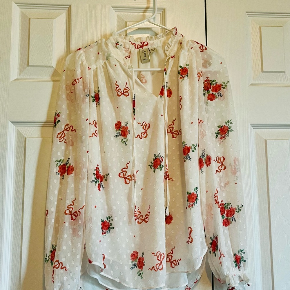 Joie Coquette White Floral Blouse with Red Accents